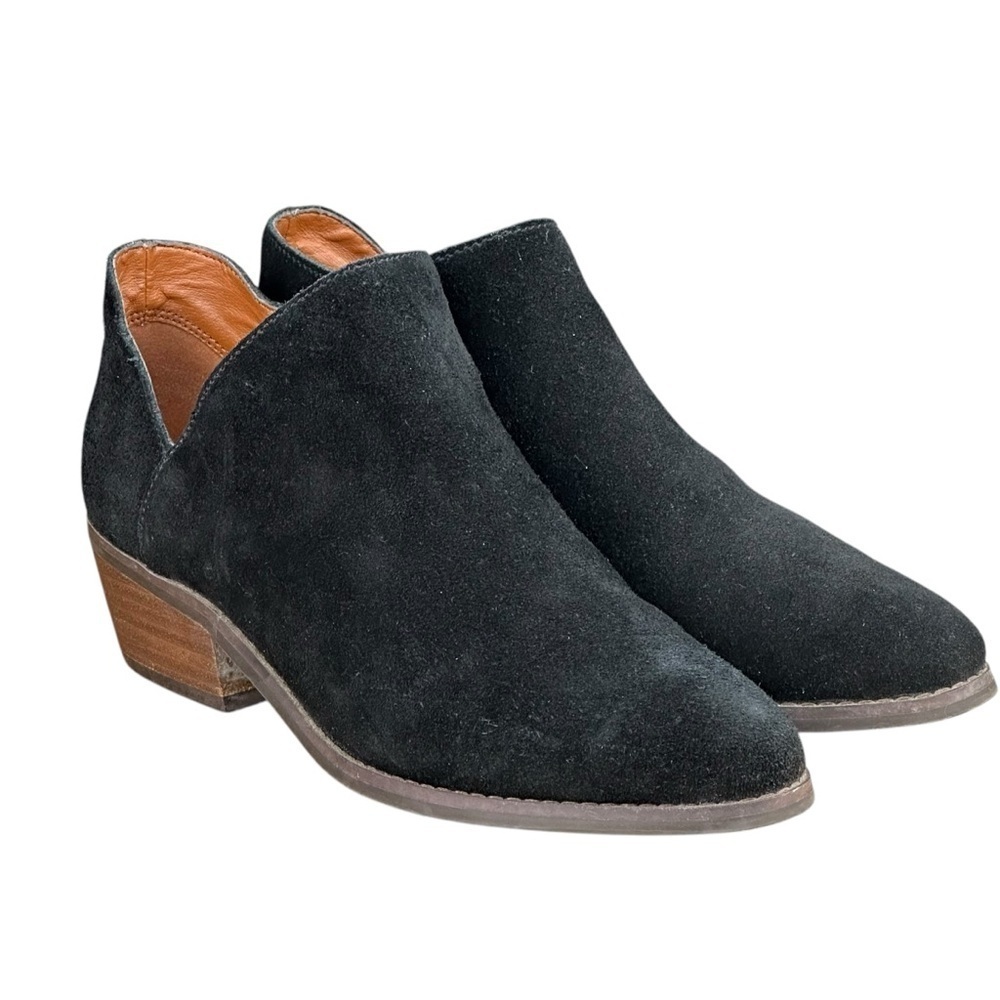 Lucky Brand Fenley Ankle Boots Womens 7M Booties Black Suede Low Heel Side Zip